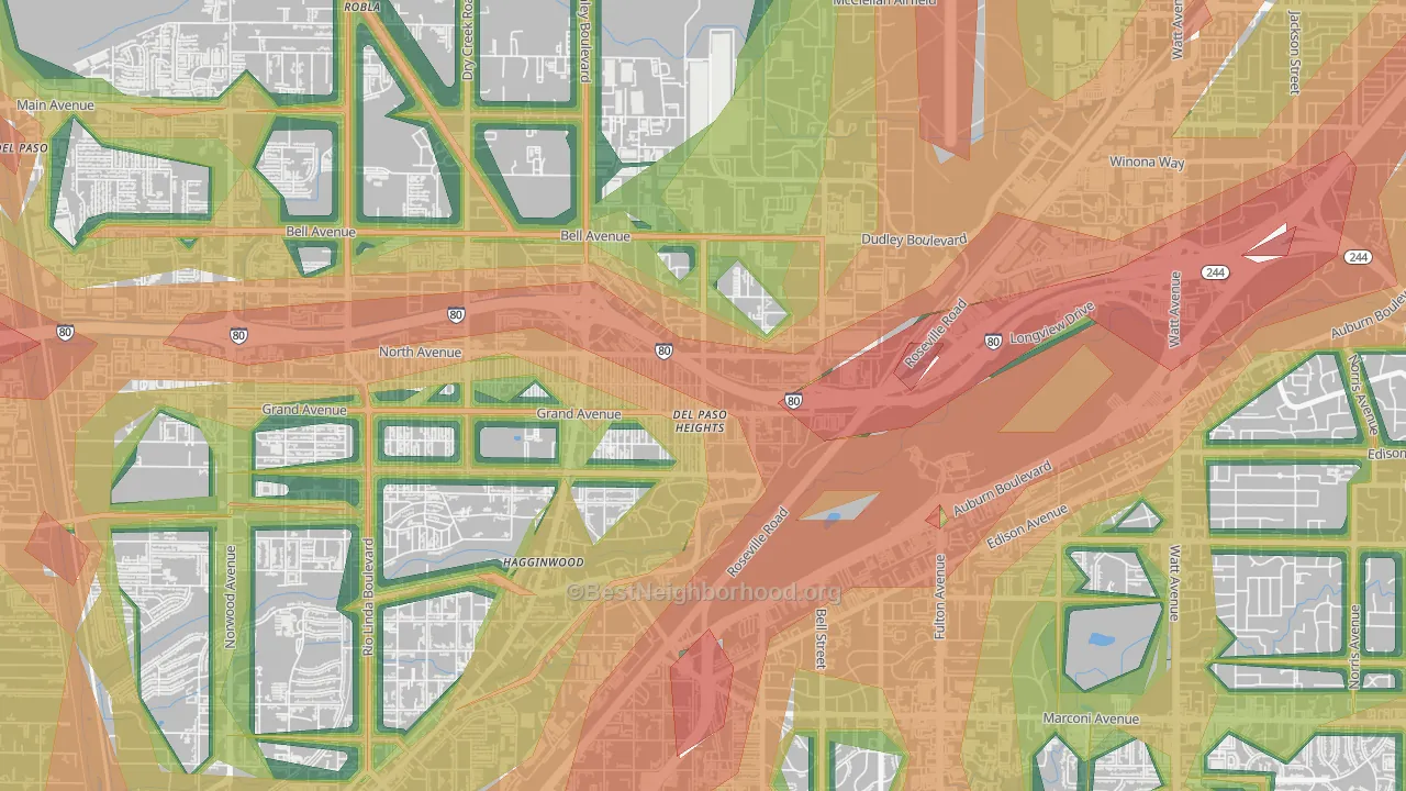 East del Paso Heights, Sacramento, CA Map of Noise Levels in East del Paso Heights