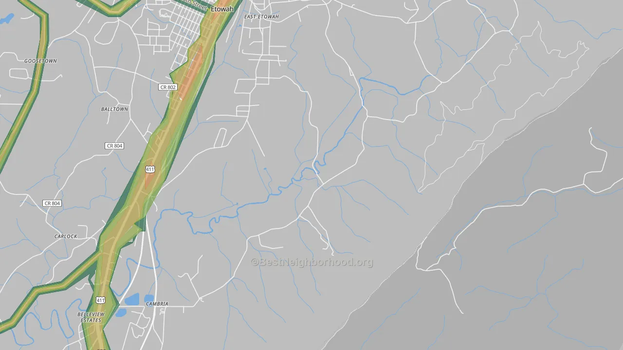 East Etowah, TN Map of Noise Levels in East Etowah
