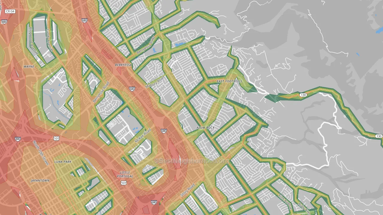 East Foothills, San Jose, CA Map of Noise Levels in East Foothills