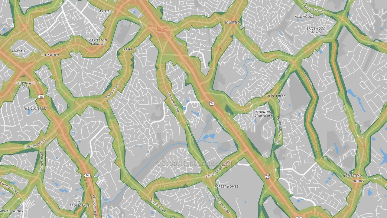 East Forest, Charlotte, NC Map of Noise Levels in East Forest