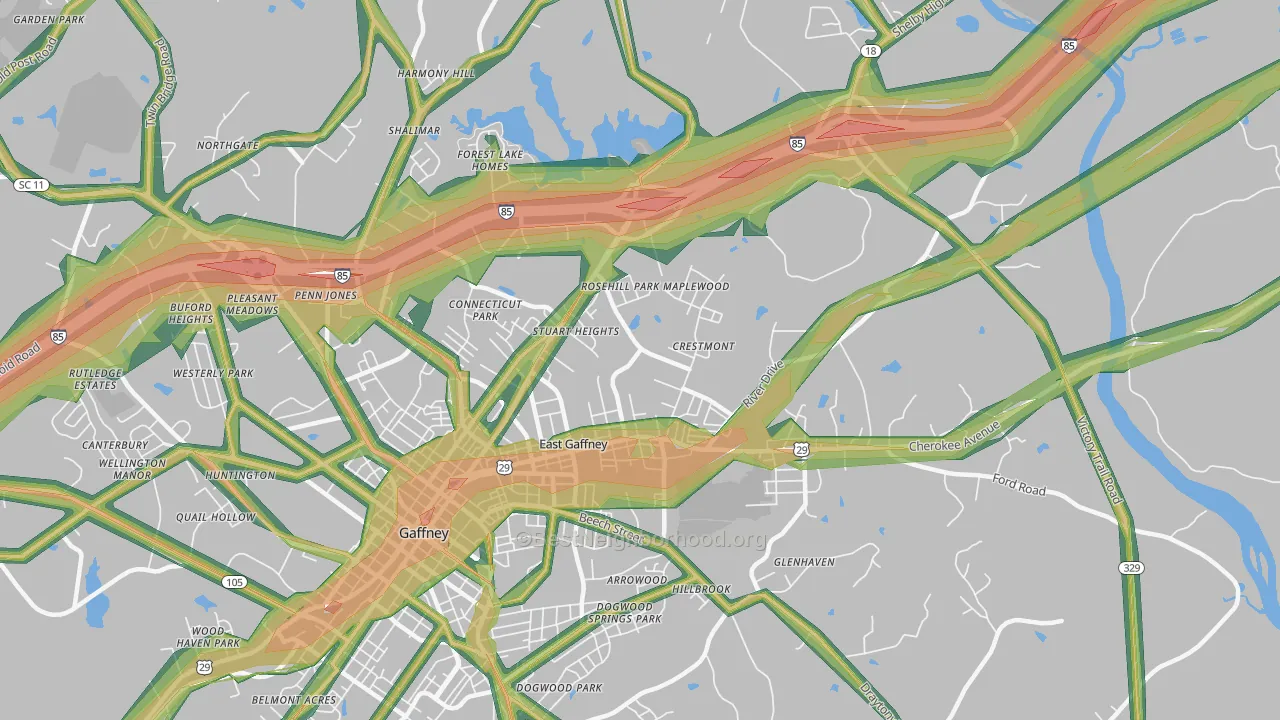 East Gaffney, SC Map of Noise Levels in East Gaffney