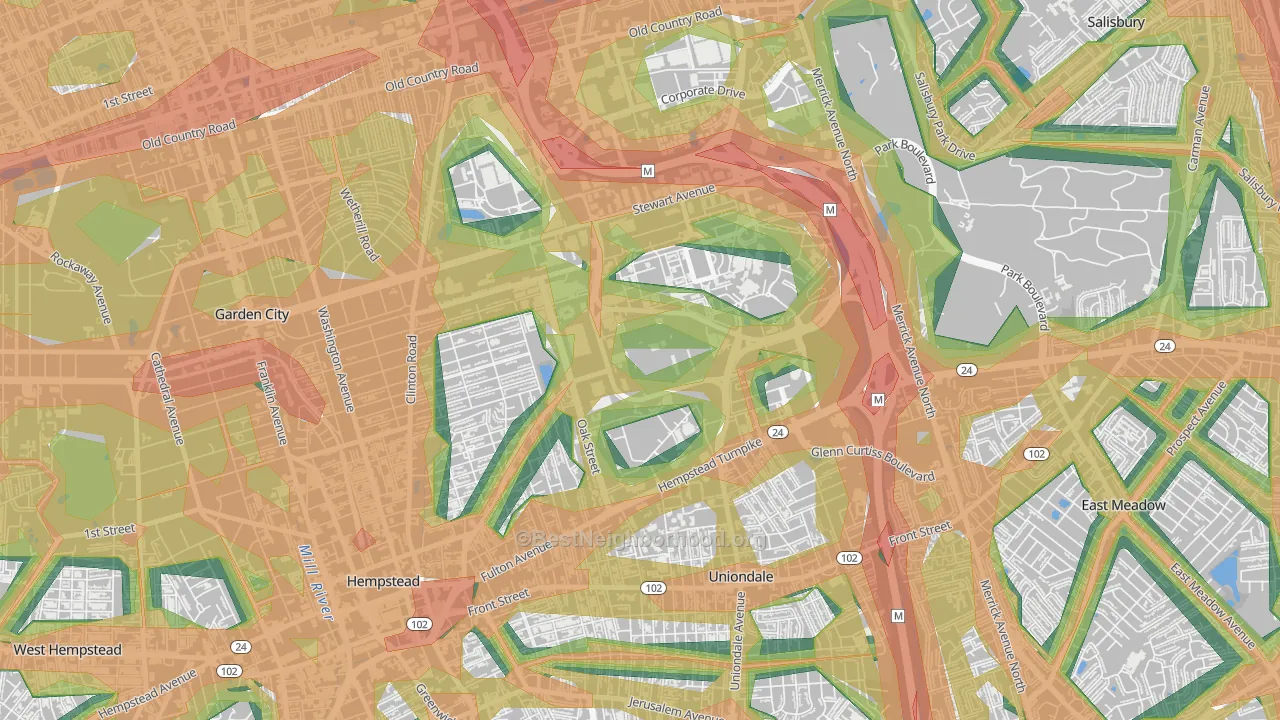 East Garden City, NY Map of Noise Levels in East Garden City