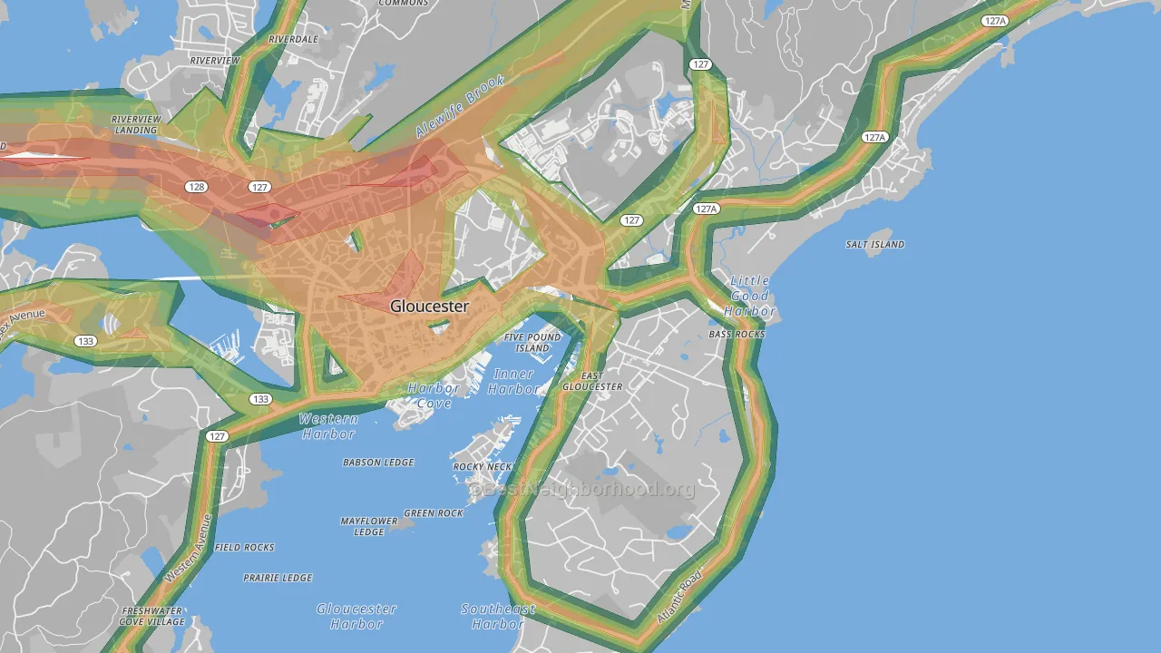 East Gloucester, Gloucester, MA Map of Noise Levels in East Gloucester