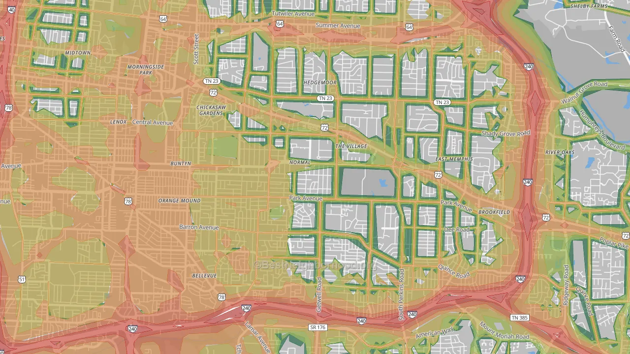East Memphis-Colonial-Yorkshire, Memphis, TN Map of Noise Levels in East Memphis-Colonial-Yorkshire
