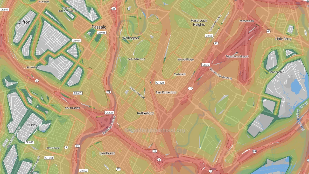 East Rutherford, NJ Map of Noise Levels in East Rutherford
