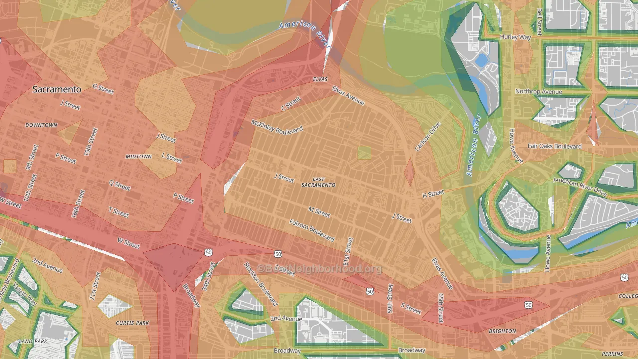 East Sacramento, Sacramento, CA Map of Noise Levels in East Sacramento