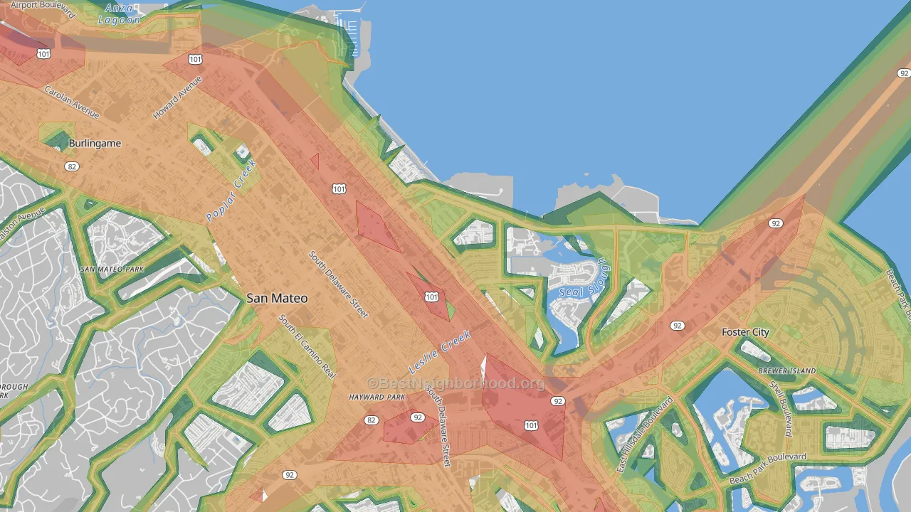 East San Mateo, San Mateo, CA Map of Noise Levels in East San Mateo