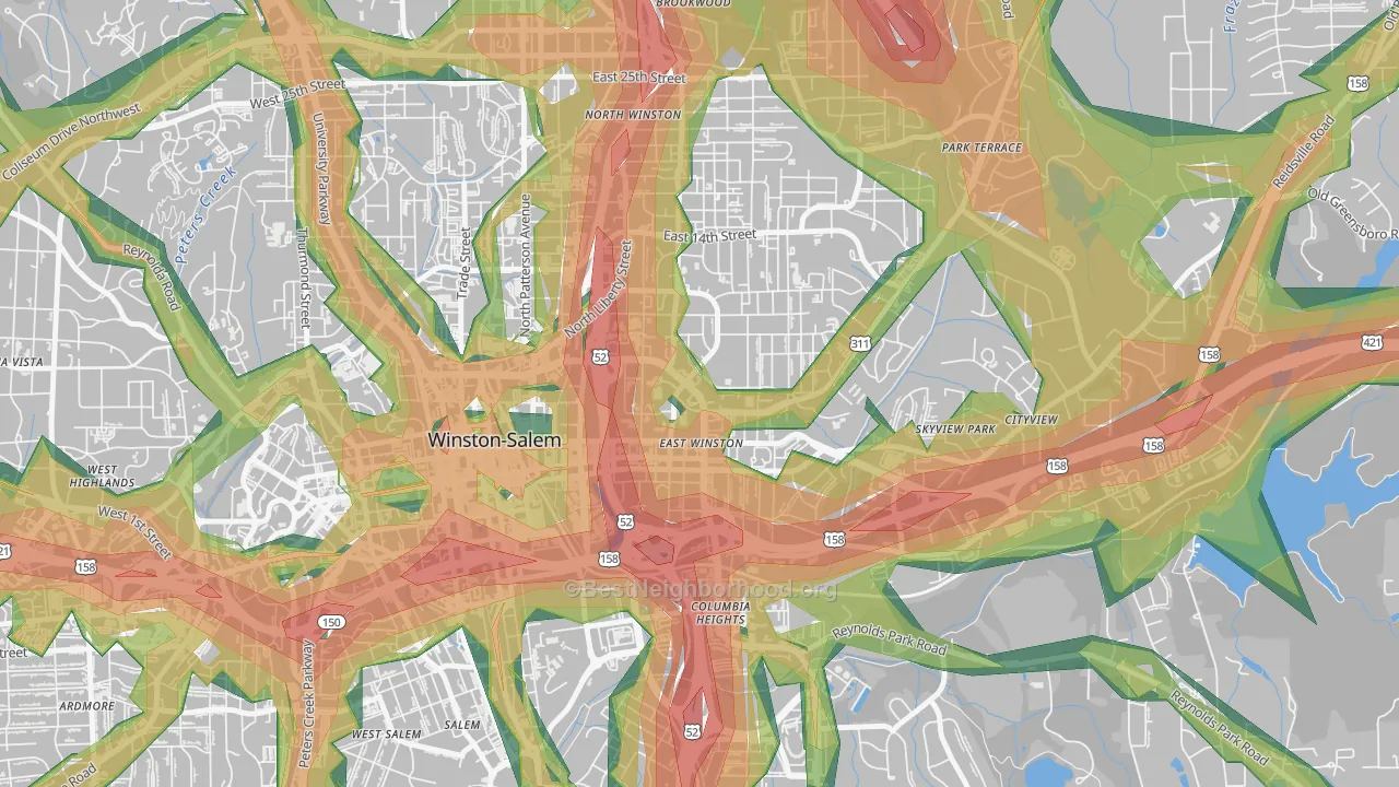 East Winston, Winston-Salem, NC Map of Noise Levels in East Winston