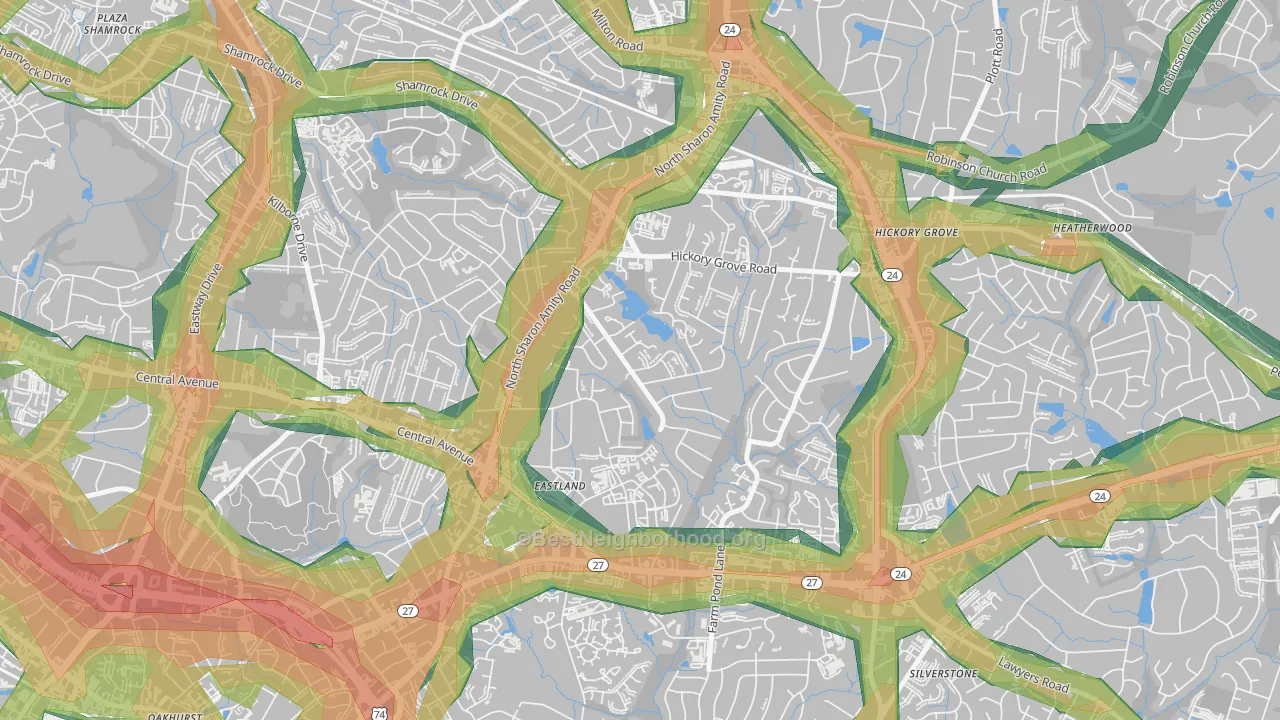 Eastland-Wilora Lake, Charlotte, NC Map of Noise Levels in Eastland-Wilora Lake