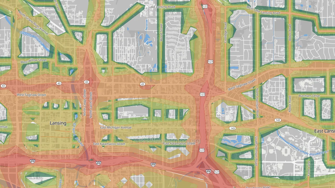Eastside Lansing, Lansing, MI Map of Noise Levels in Eastside Lansing