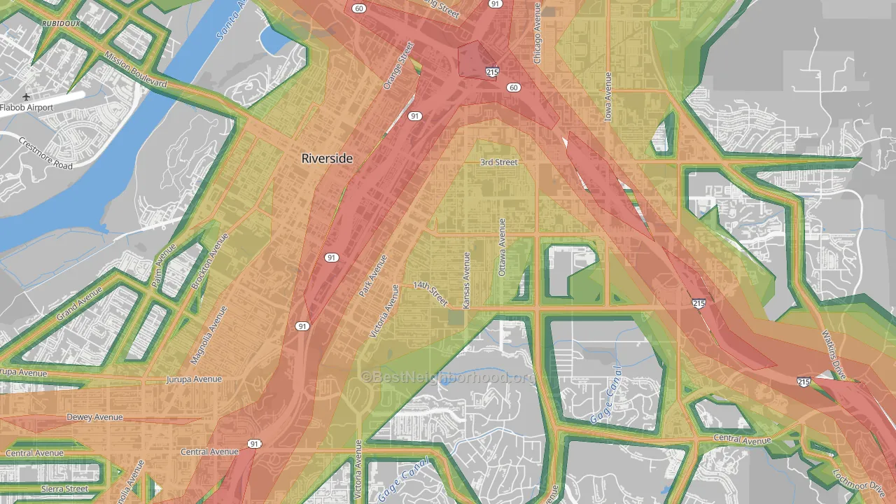 Eastside, Riverside, CA Map of Noise Levels in Eastside