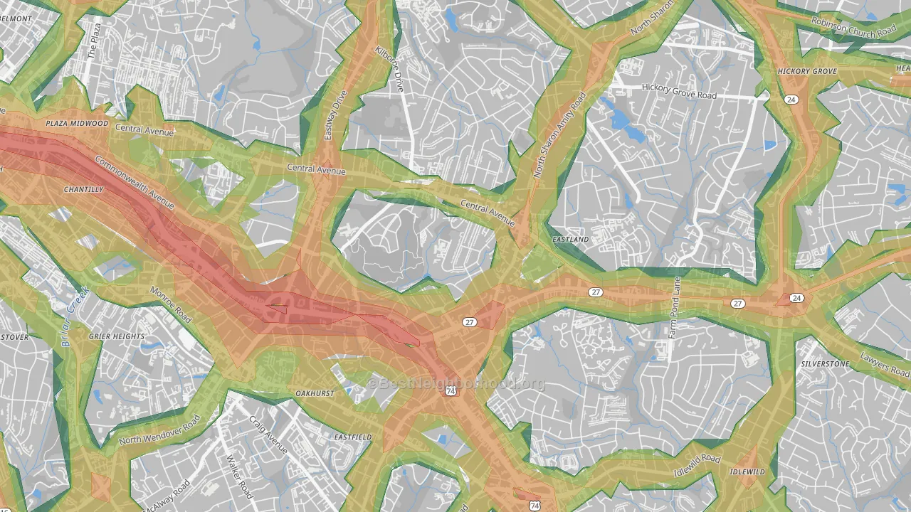Eastway-Sheffield Park, Charlotte, NC Map of Noise Levels in Eastway-Sheffield Park