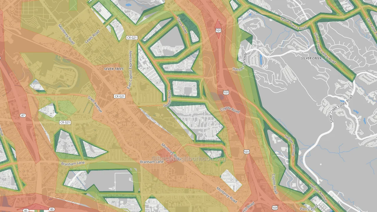 Edenvale-Seven Trees, San Jose, CA Map of Noise Levels in Edenvale-Seven Trees
