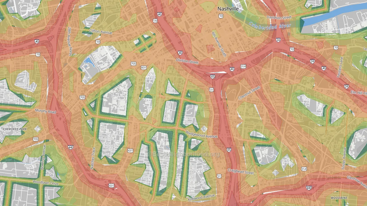 Edgehill, Nashville, TN Map of Noise Levels in Edgehill