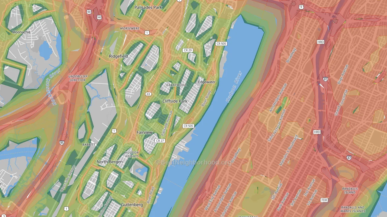 Edgewater, NJ Map of Noise Levels in Edgewater