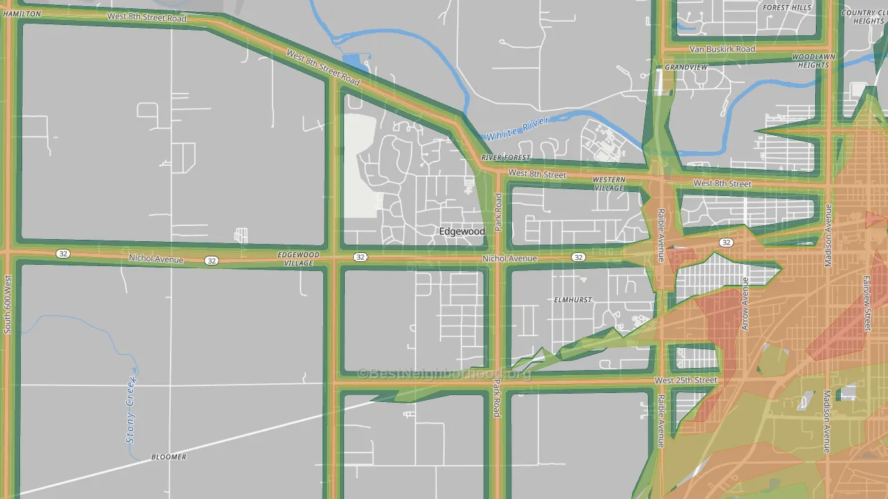 Edgewood, IN Map of Noise Levels in Edgewood