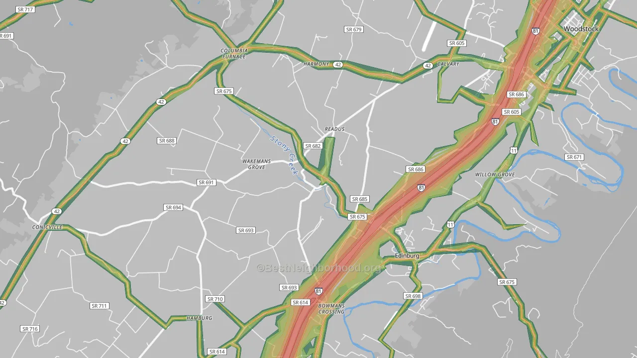 Edinburg, VA Map of Noise Levels in Edinburg