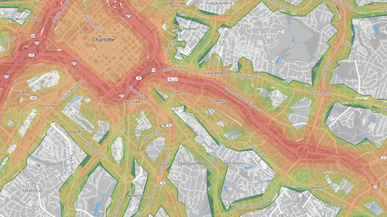 Elizabeth, Charlotte, NC Map of Noise Levels in Elizabeth