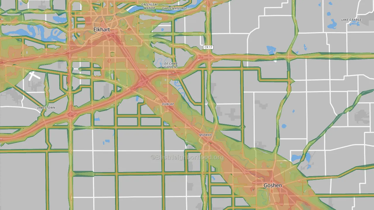 Elkhart County, IN Map of Noise Levels in Elkhart County