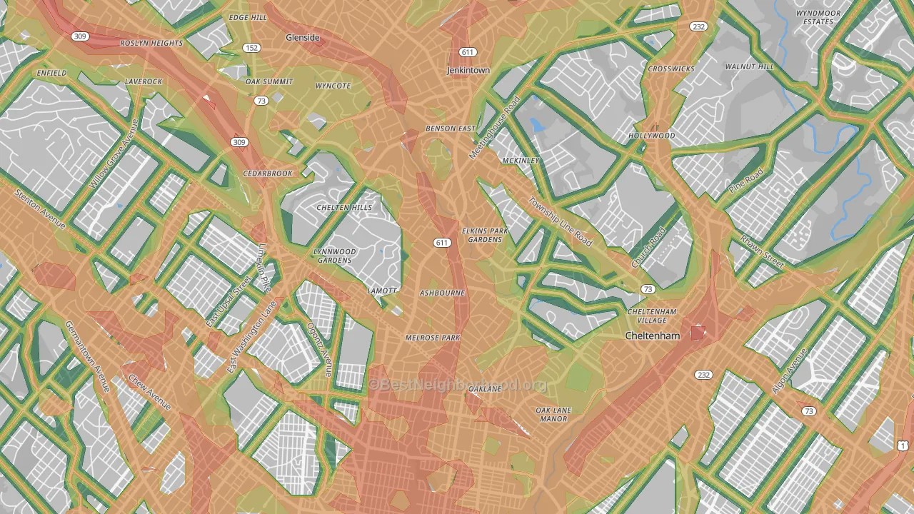Elkins Park, PA Map of Noise Levels in Elkins Park