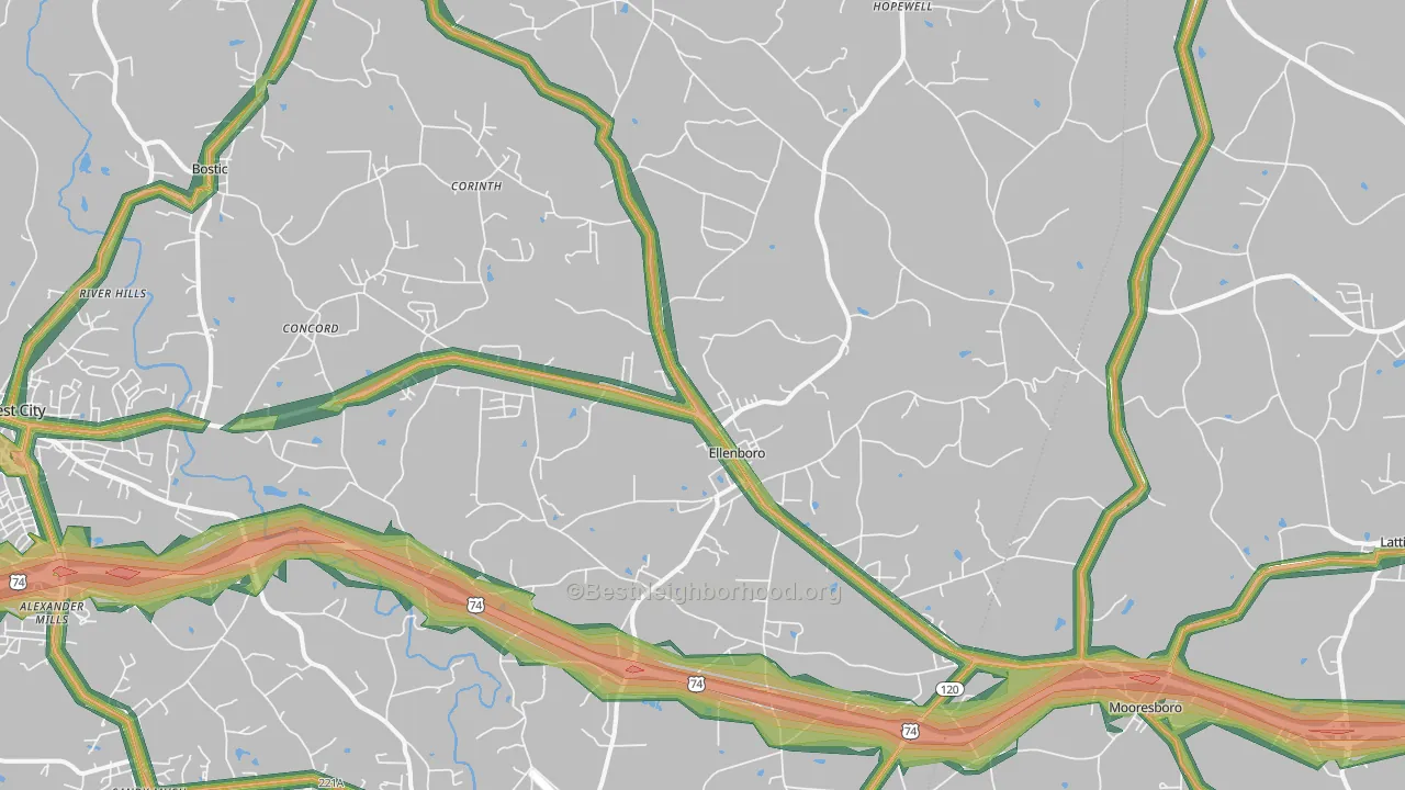 Ellenboro, NC Map of Noise Levels in Ellenboro