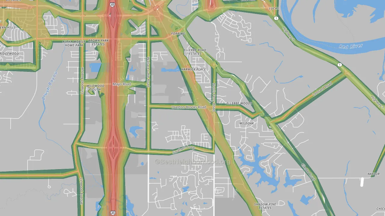 Ellerbee Woods, Shreveport, LA Map of Noise Levels in Ellerbee Woods