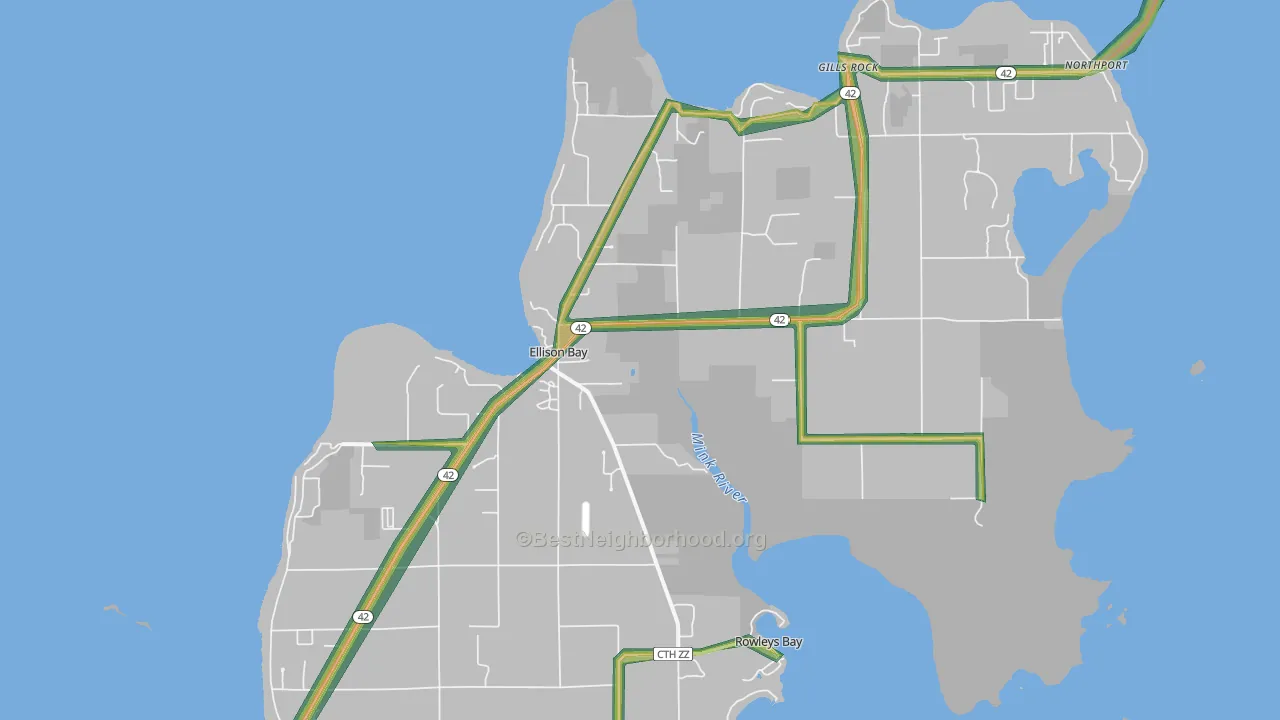 Ellison Bay, WI Map of Noise Levels in Ellison Bay