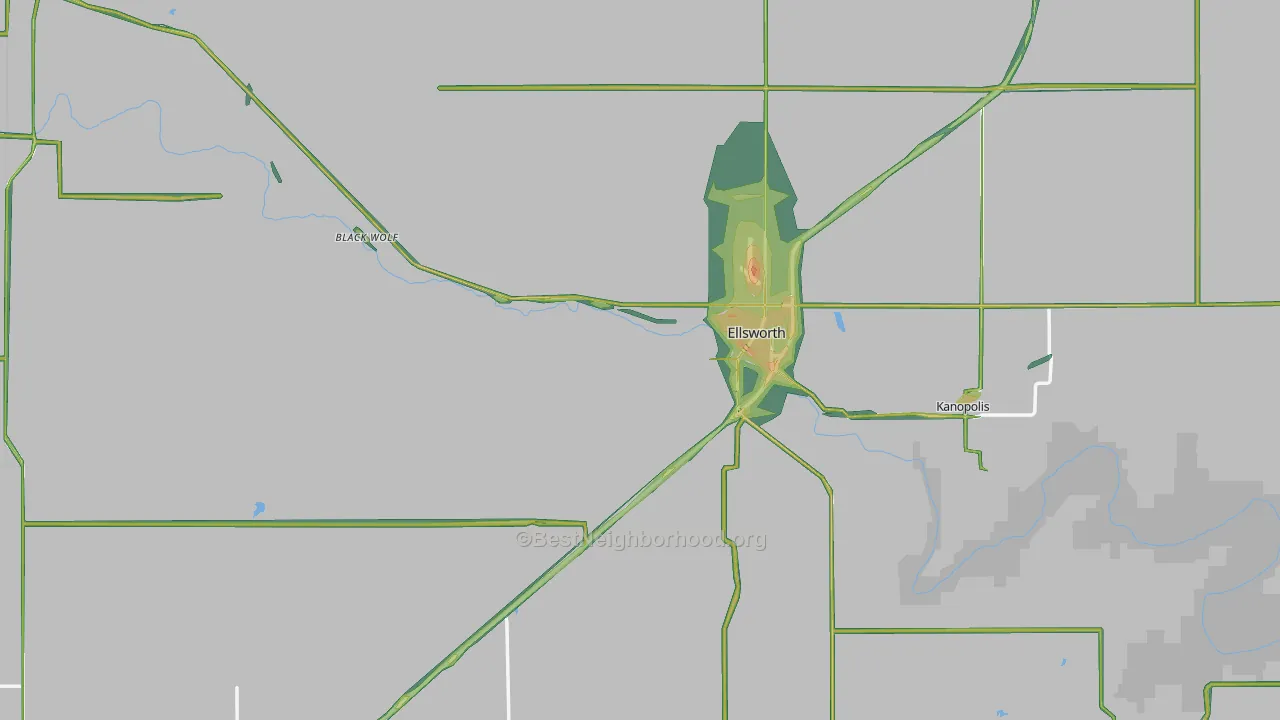 Ellsworth County, KS Map of Noise Levels in Ellsworth County