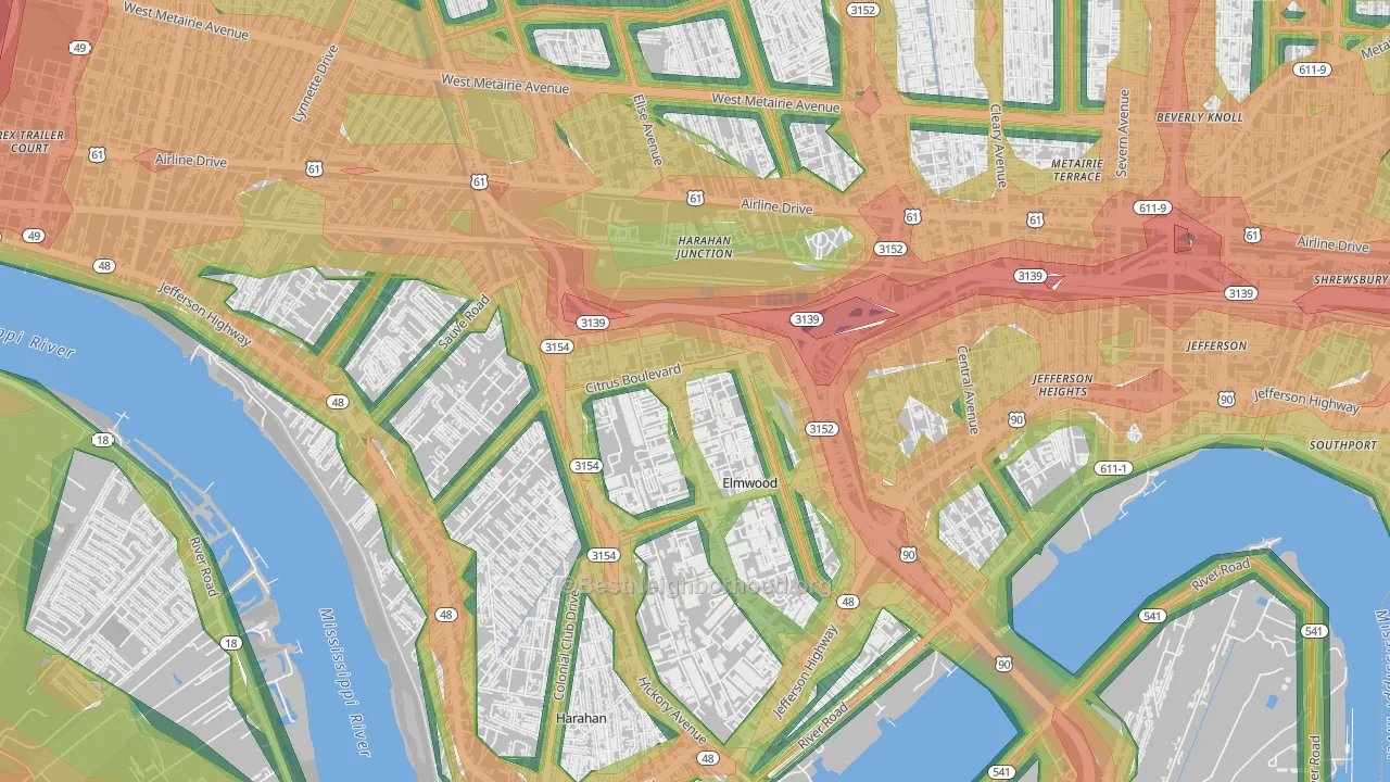 Elmwood, New Orleans, LA Map of Noise Levels in Elmwood