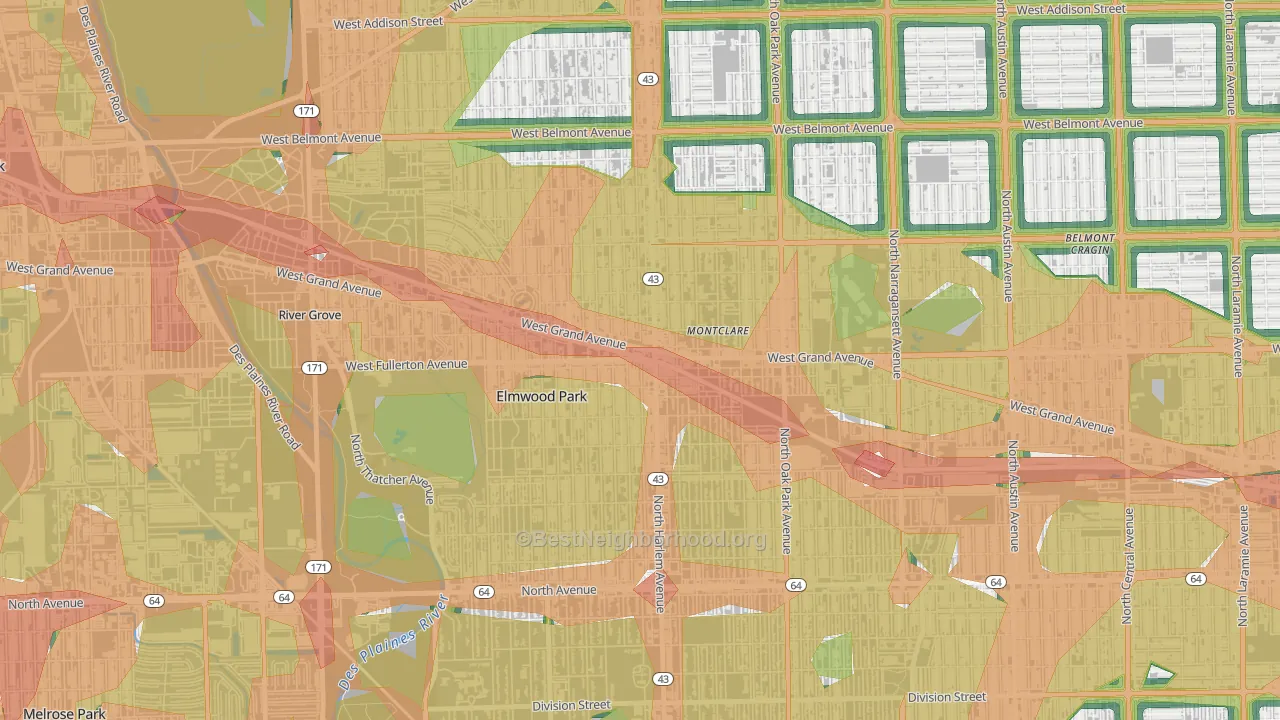 Elmwood Park, IL Map of Noise Levels in Elmwood Park