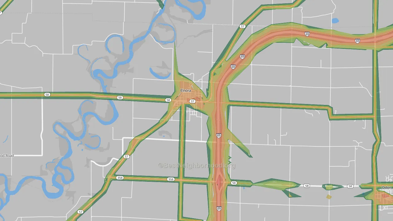 Elnora, IN Map of Noise Levels in Elnora
