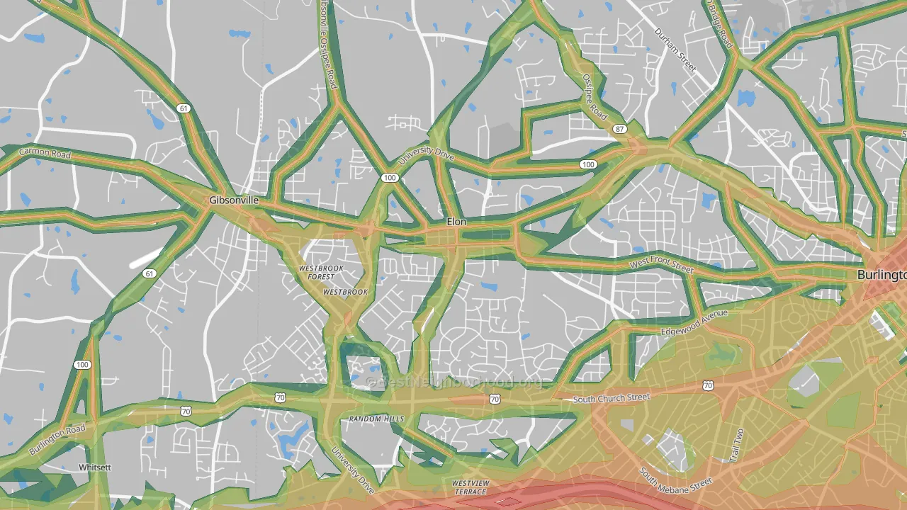 Elon, NC Map of Noise Levels in Elon