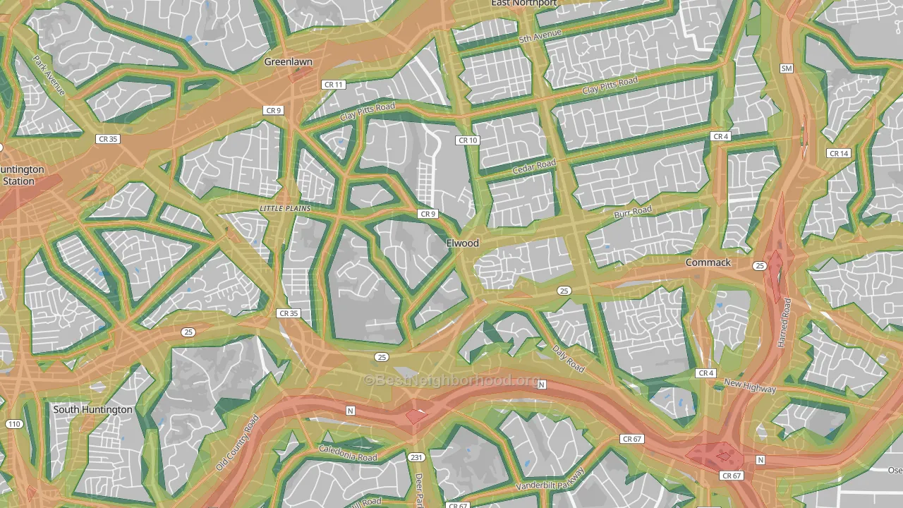 Elwood, East Northport, NY Map of Noise Levels in Elwood