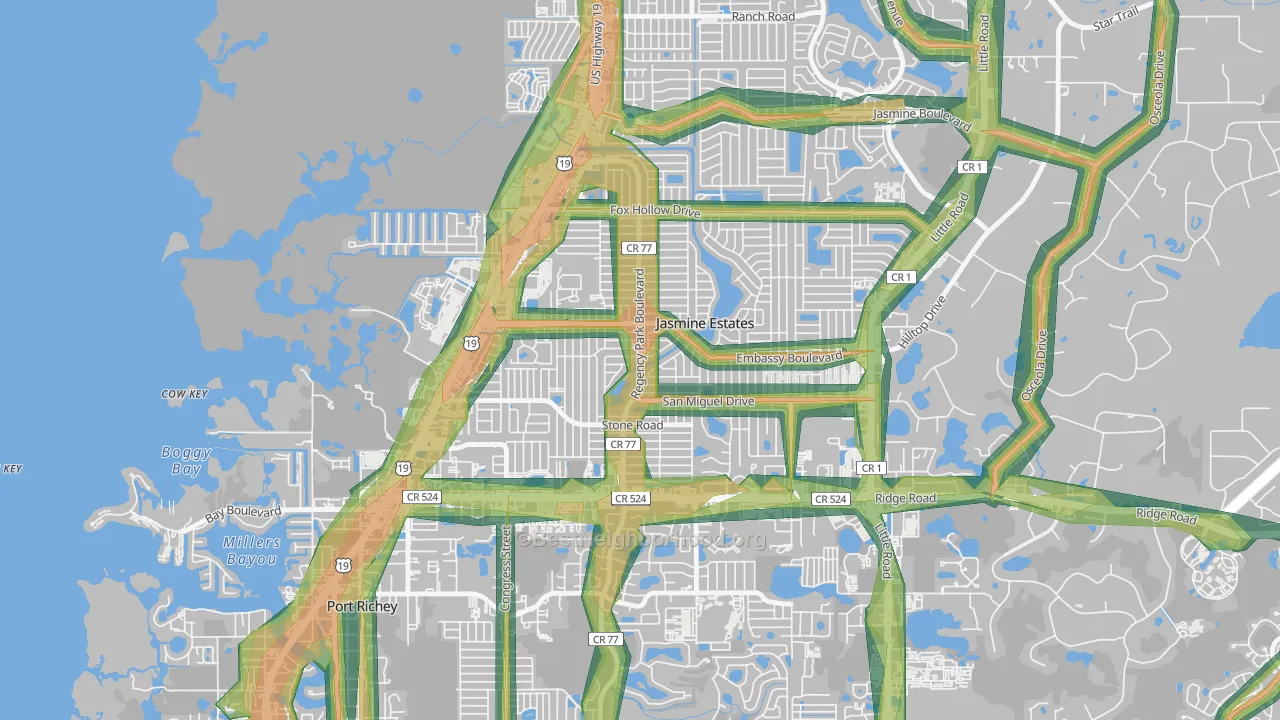Embassy Hills, Jasmine Estates, FL Map of Noise Levels in Embassy Hills
