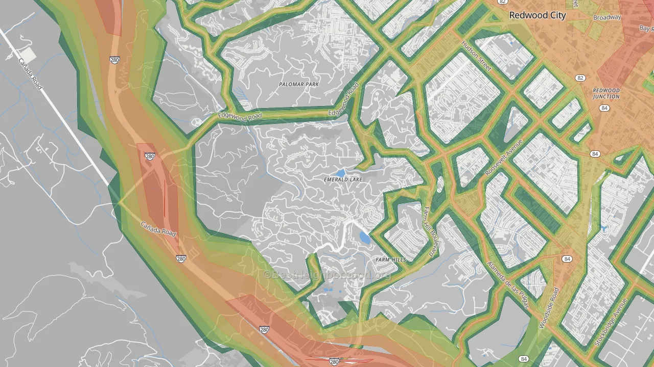 Emerald Lake Hills, Redwood City, CA Map of Noise Levels in Emerald Lake Hills