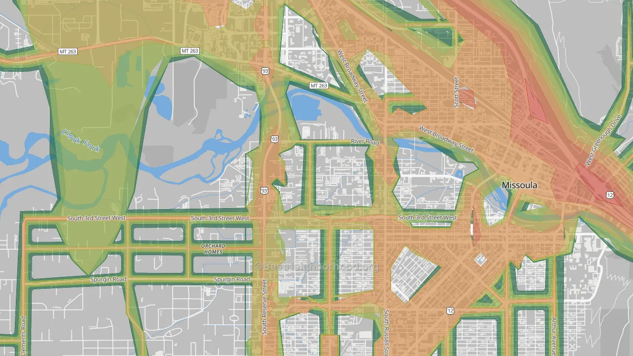 Emma Dickinson Orchard Homes, Missoula, MT Map of Noise Levels in Emma Dickinson Orchard Homes