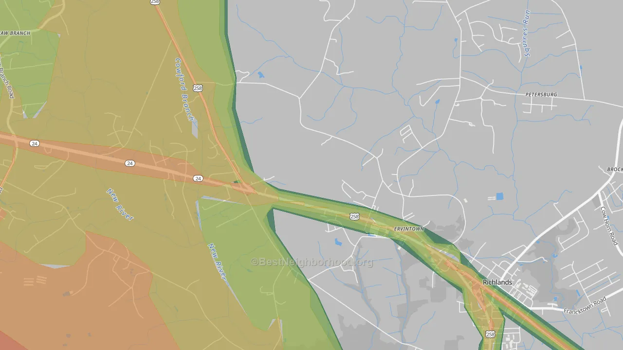 Ervintown, NC Map of Noise Levels in Ervintown