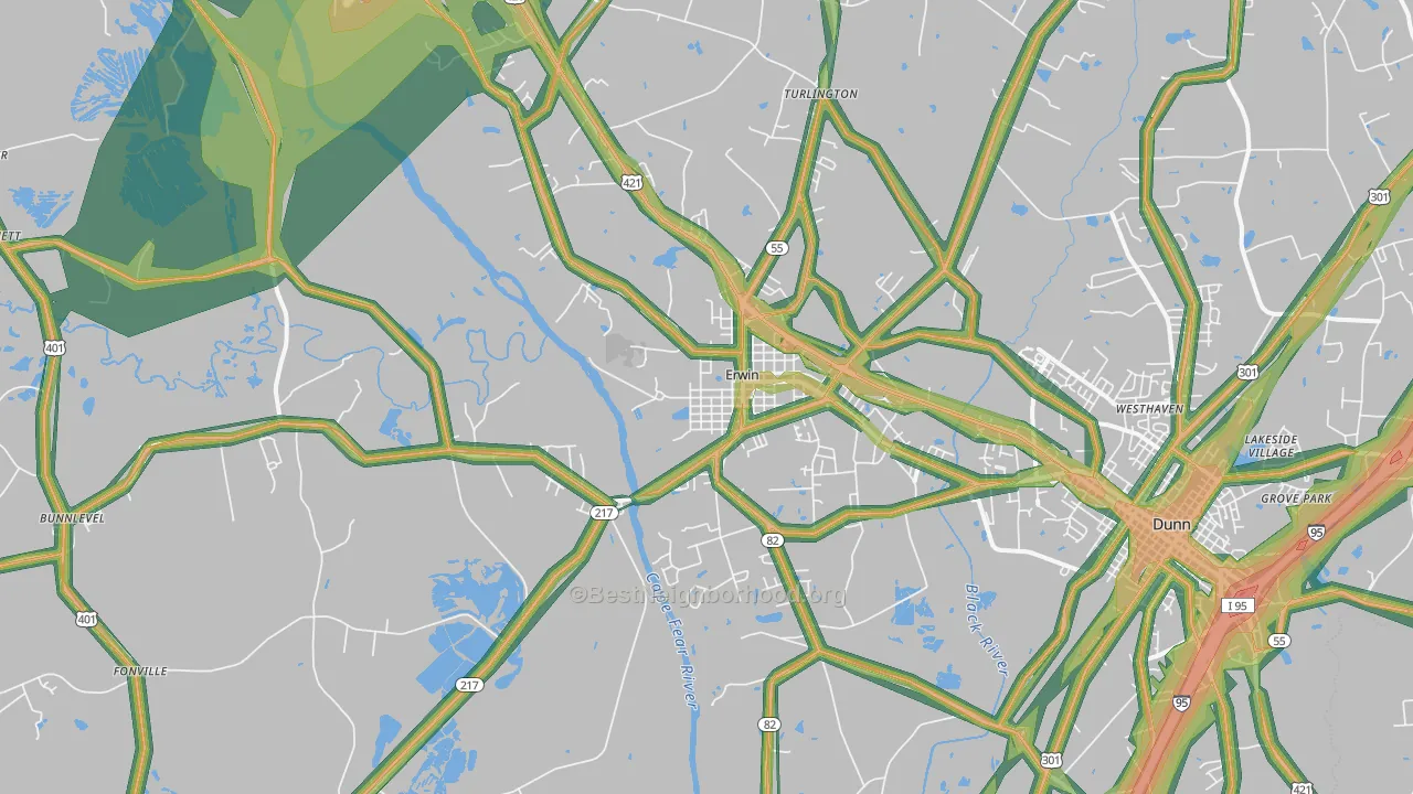 Erwin, NC Map of Noise Levels in Erwin