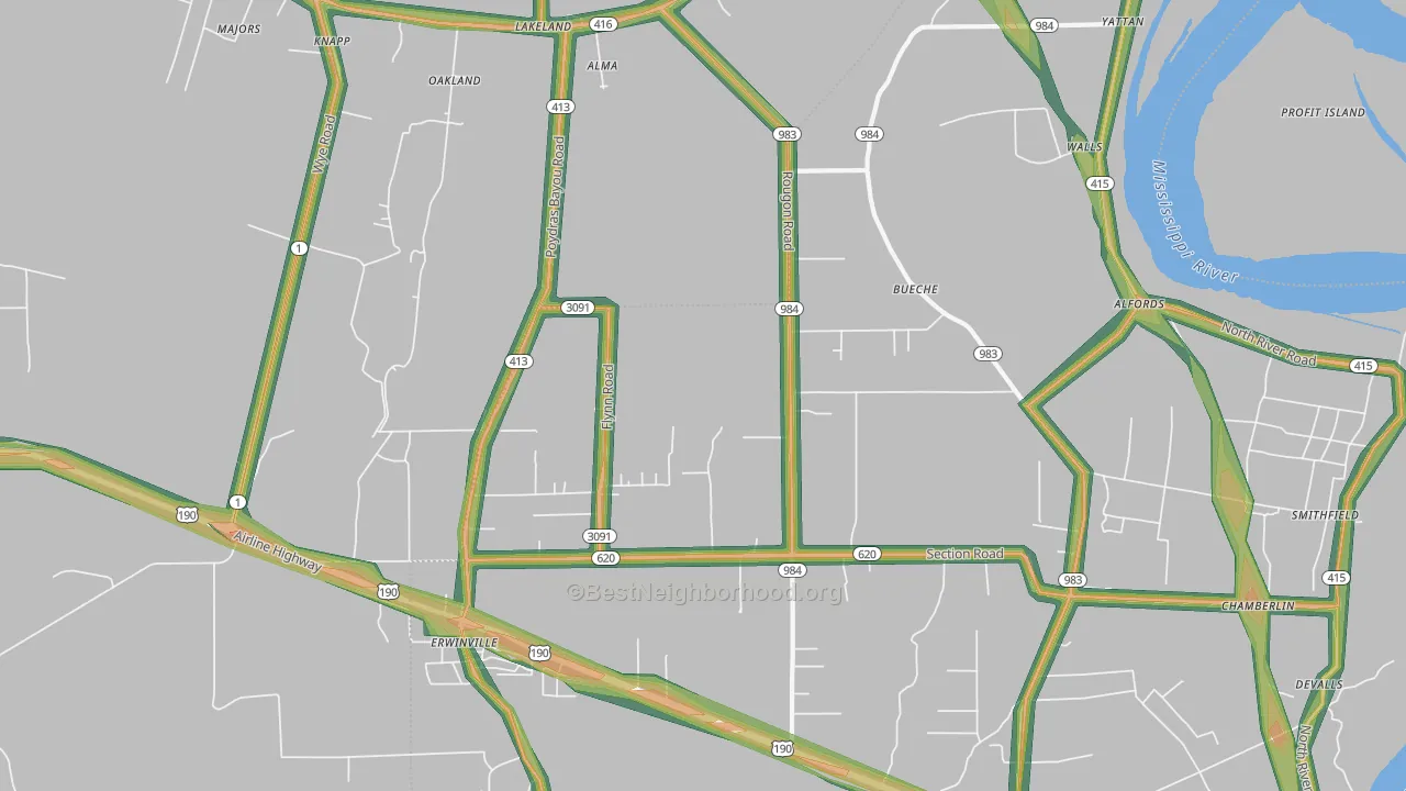 Erwinville, LA Map of Noise Levels in Erwinville