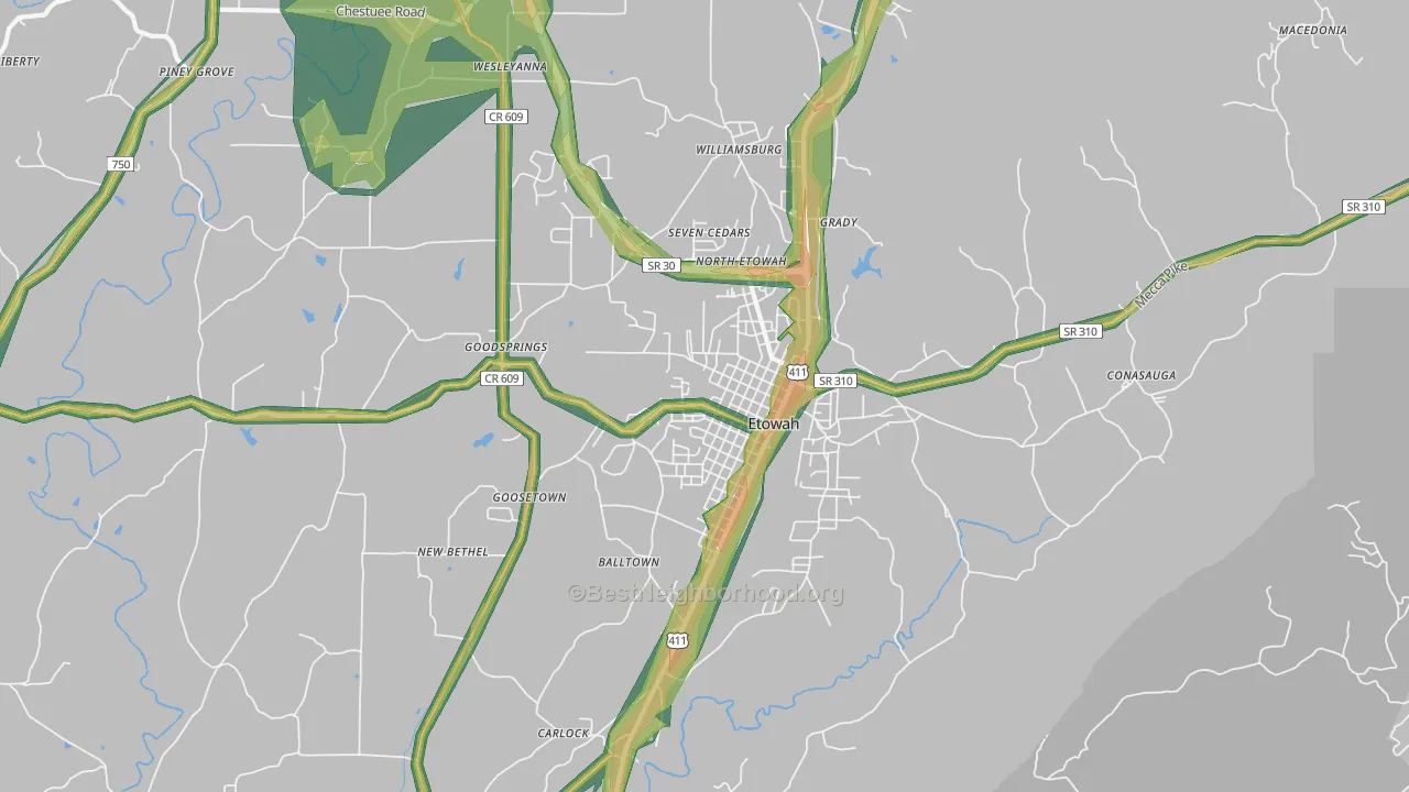 Etowah, TN Map of Noise Levels in Etowah