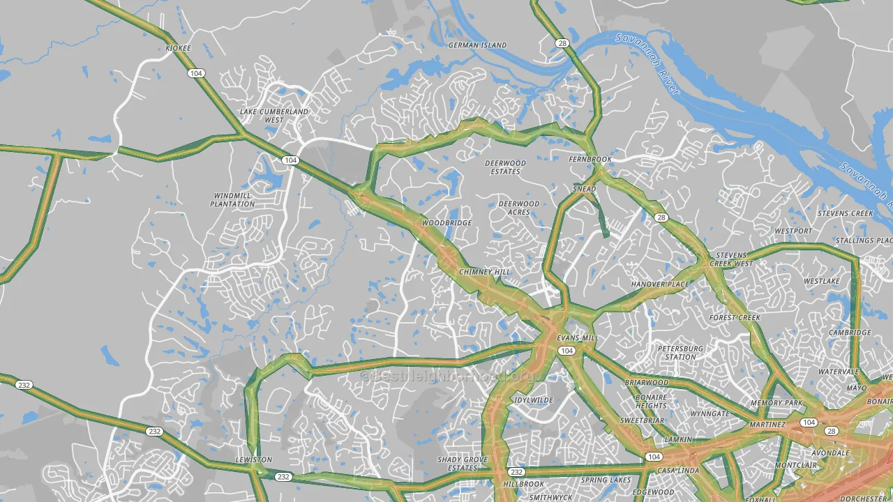 Evans, GA Map of Noise Levels in Evans