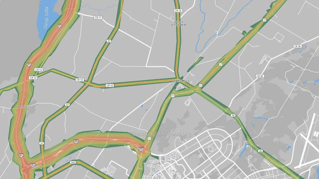 Evans Mills, NY Map of Noise Levels in Evans Mills