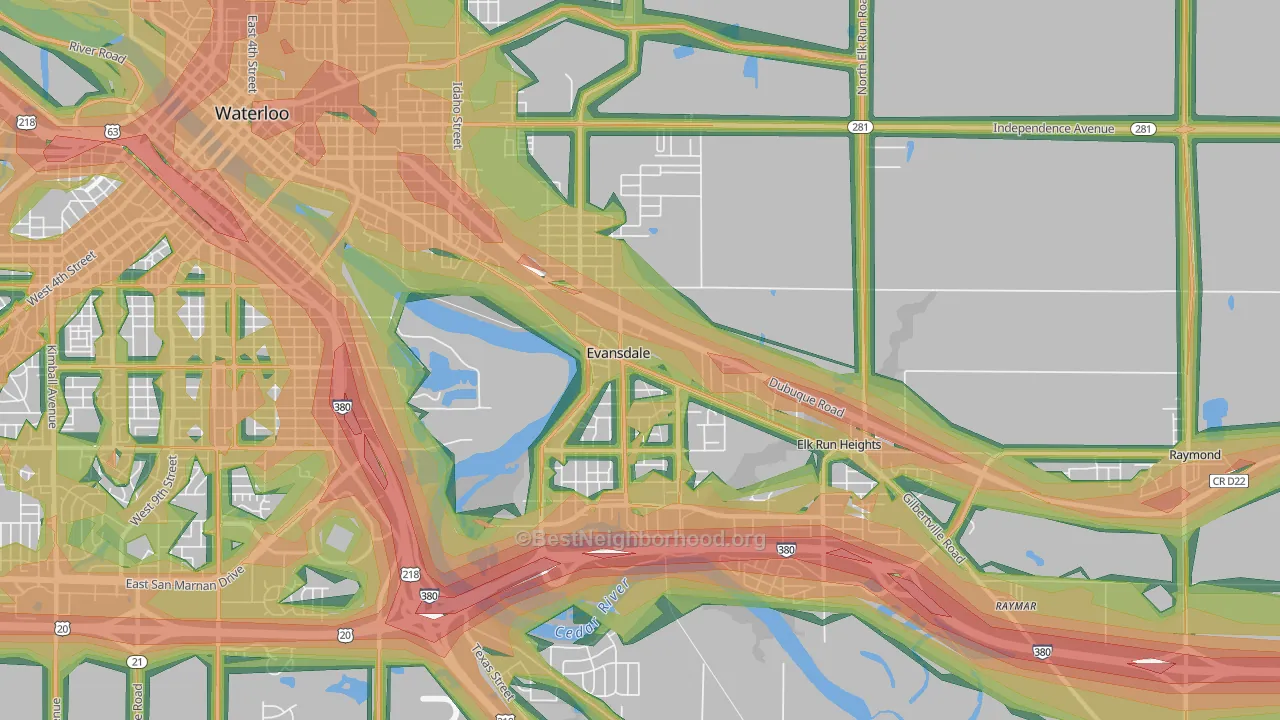 Evansdale, IA Map of Noise Levels in Evansdale