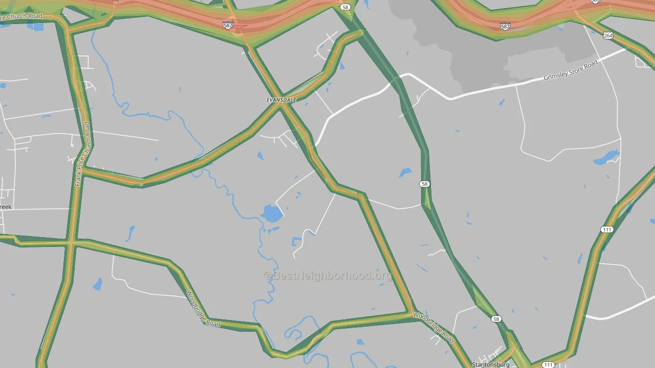 Evansdale, NC Map of Noise Levels in Evansdale