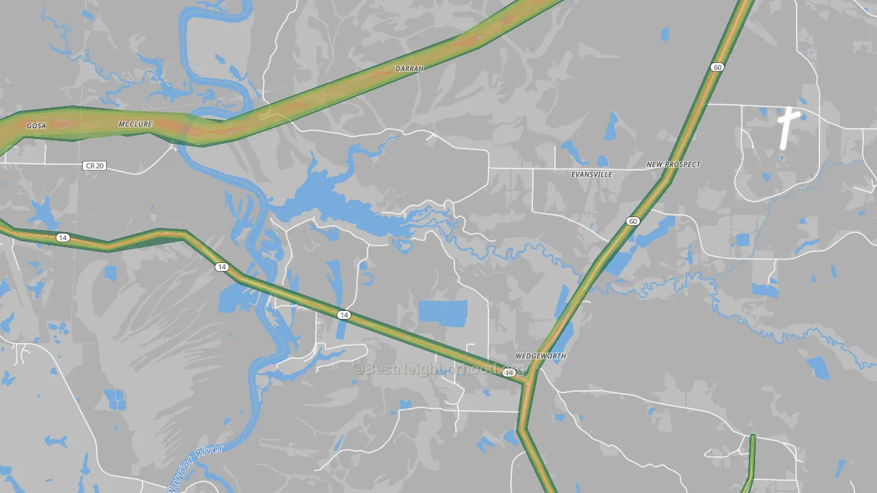 Evansville, AL Map of Noise Levels in Evansville