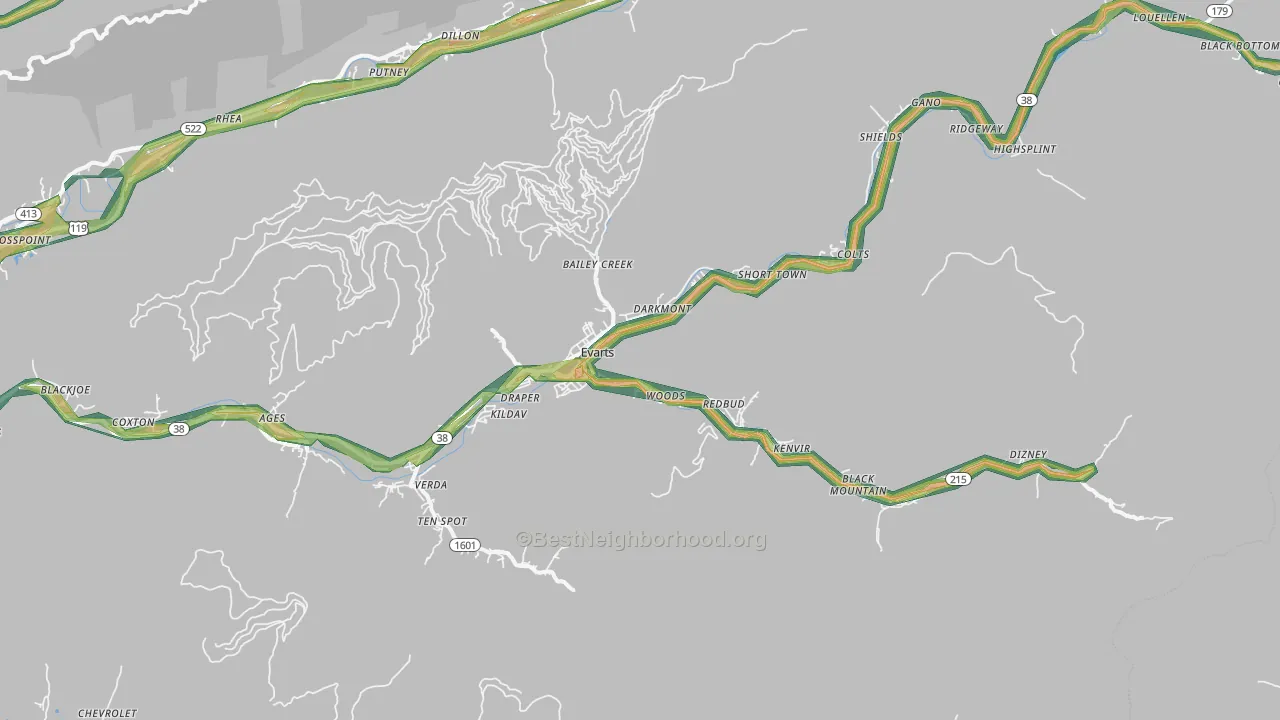 Evarts, KY Map of Noise Levels in Evarts