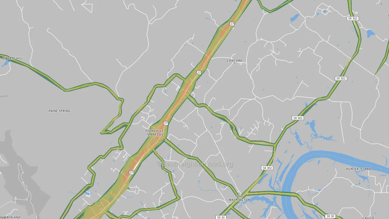 Evensville, TN Map of Noise Levels in Evensville