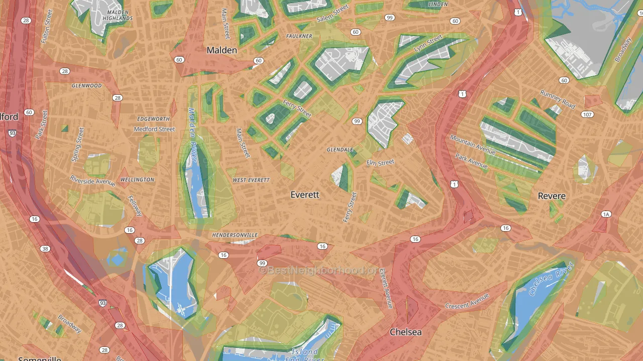 Everett, MA Map of Noise Levels in Everett
