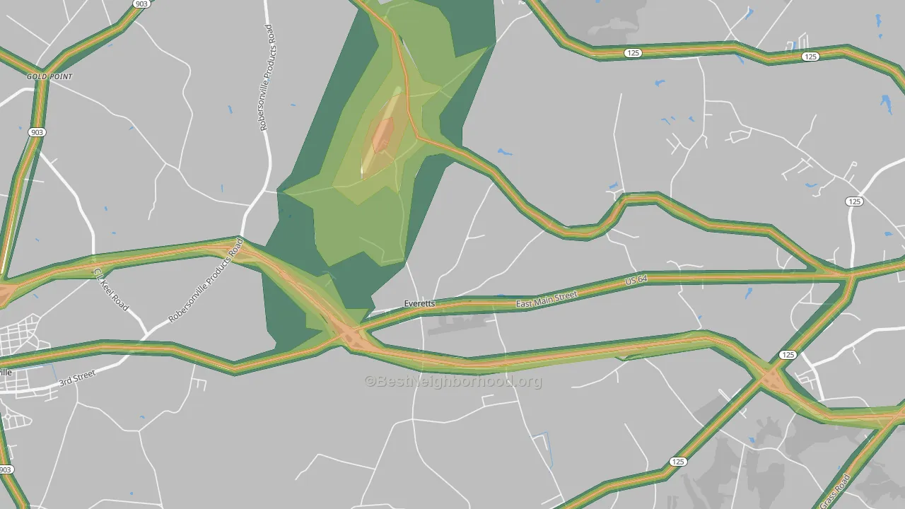 Everetts, NC Map of Noise Levels in Everetts