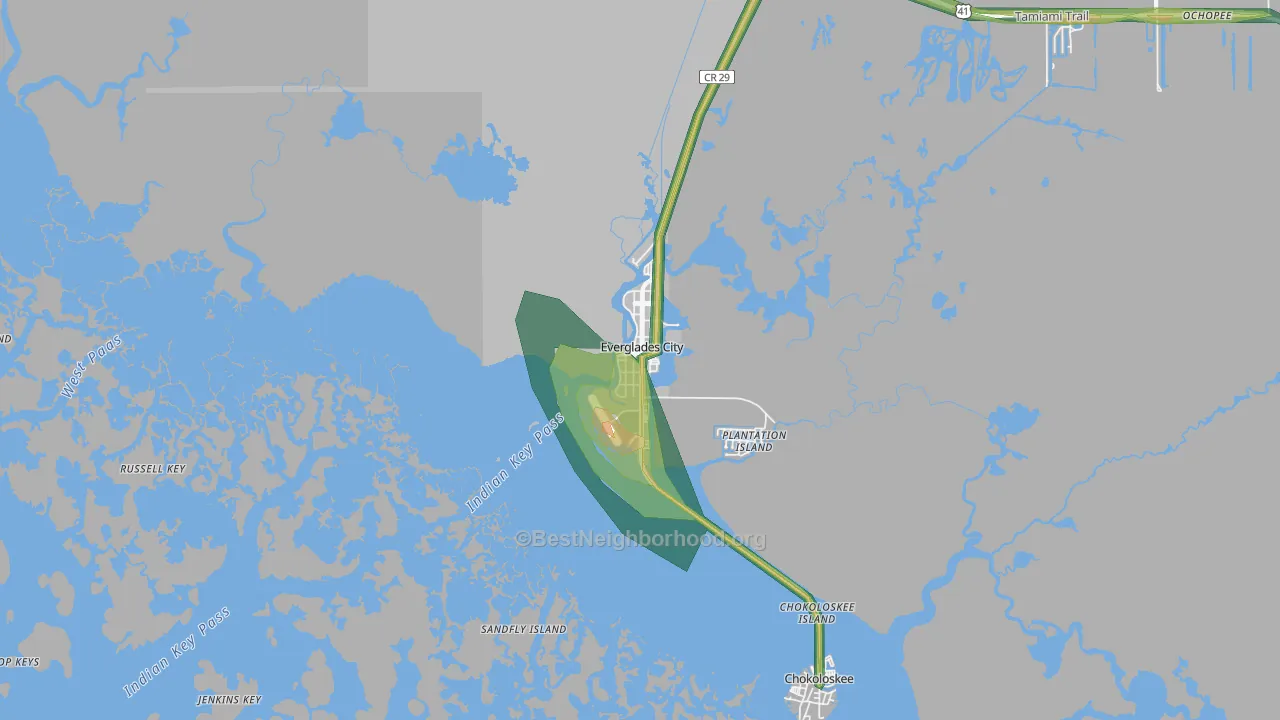 Everglades, FL Map of Noise Levels in Everglades